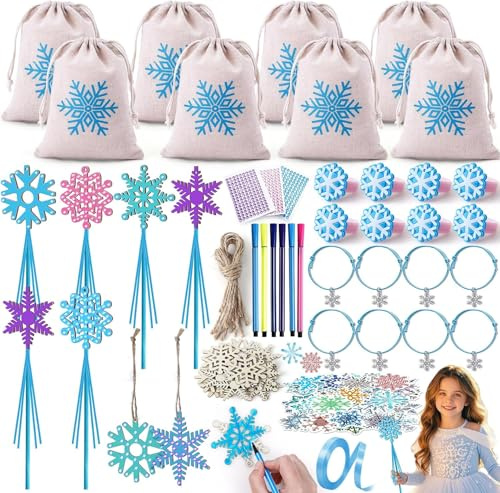 Schneeflocken Party Mitgebsel Kindergeburtstag Set mit Zauberstab Bastelset | Winter Party Gastgeschenke für Mädchen mit Aquarellstiften, Kordelzugbeuteln, Schneeflocken Armbändern, Ringen und Aufklebern
