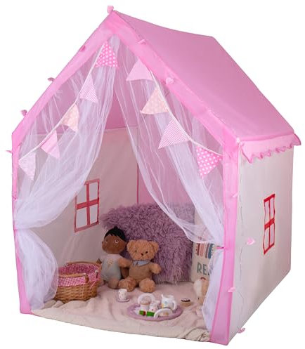 RELSY Princess Pink Tent - Cosy Cream Kids Playhouse With Heart LED Lights & Bunting - 125 x 130 cm