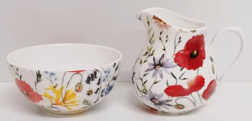 Wildflowers Meadow Cream/Milk Jug and Sugar Bowl Fine Bone China Bright Flowers Floral Matching Set Hand Decorated UK