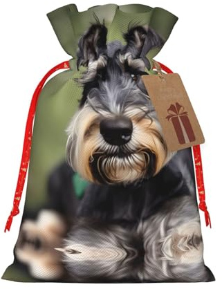 HJLUUFT Niedlicher Jutebeutel mit Schnauzer-Druck, Weihnachts-Geschenktüte mit Kordelzug und Geschenkanhänger, Hochzeit, Weihnachten, Partygeschenk