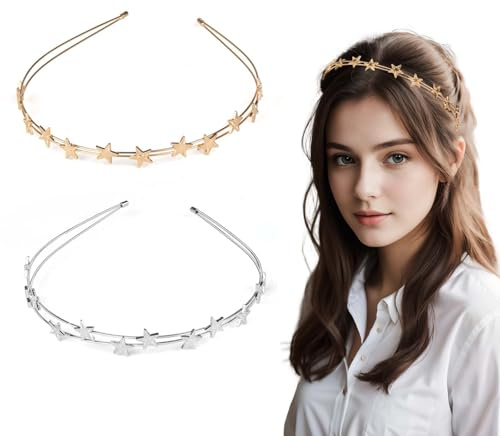 2 Stück Stern Stirnband Damen,Haarschmuck Haarreif Sterne,Doppelreihig Strass Haarband,Glitzer Haarschmuck Stern Kopfbedeckung,Metall Haarband für Frauen Party Mädchen Braut Brautjungfern