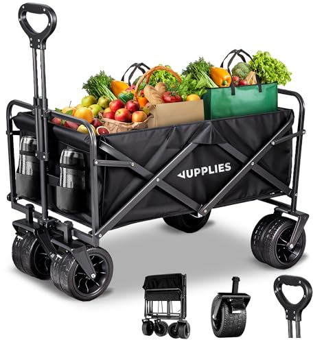 JUPPLIES Chariot Pliable à roulettes Grandes 150KG – Chariot de Jardin, Plage et Courses | Chariot de Transport Pliable Tout Terrain avec Poignée Télescopique et Tissu Oxford 600D Imperméable