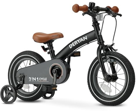 Deryan Kinderfahrrad 12 Zoll | 3 in 1 Laufrad | Fahrrad mit Verstellbarem Sattel und Lenker | Kinder Fahrrad für Jungen und Mädchen, 3 bis 4,5 Jahre | Schwarz