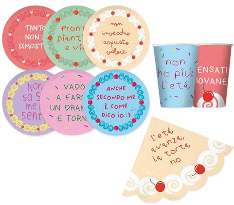 Kit coordinato Compleanno PENSATI GIOVANE - 6 OSPITI - con frasi ironiche - addobbo decoro tavola torta - per feste party di compleanno - Piatti, Bicchieri e Tovaglioli in carta monouso