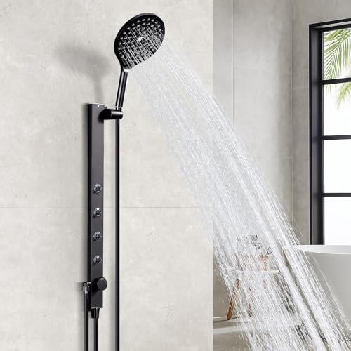 HOMELODY Barre de douche innovante avec douchette, pommeau de douche avec tuyau et support avec pommeau de douche rond de 190 mm, 4 jets de massage pour le dos, montage rapide et barre de douche de