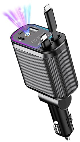 Caricabatteria da Auto Retrattile 4 in 1 con Design Luce Stellata, Adattatore USB C Ricarica Rapida da 66W, 2 Cavi Retrattile, 180° Pieghevole Spina 12V/24V, per iPhone/Samsung/Android