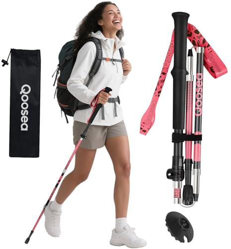 Qoosea Bastone da Trekking per Donna, 1 Pieza Pieghevole e Regolabile 110-125 cm in Fibra di Carbonio - Bastoncino da Camminata Nordica Ultraleggero per Escursionismo, Alpinismo e Sci