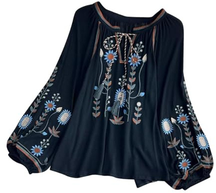 APLVFFZH Blusa Bordada para Mujer Tops Bordados Mexicanos con Bordado Floral para Mujer, Negro