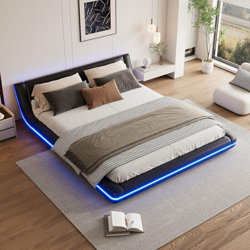 RIAZOS LED Polsterbett 160x200 cm mit Lattenrost, Bodenbett Kunstleder - Bogendesign Bett Jugendbett Bettgestell Doppelbett, ohne Matratze, Schwarz
