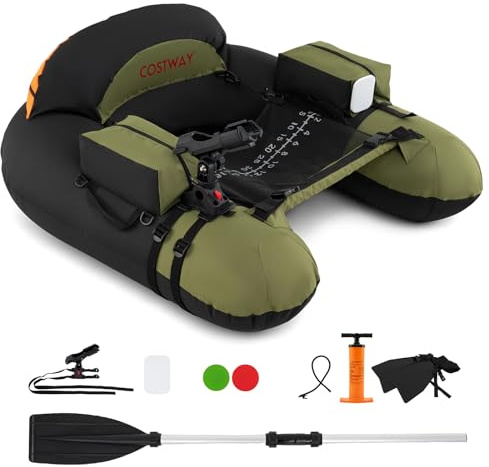 COSTWAY Belly Boot, Belly Boat mit einstellbarem Angelrutenhalter, Fischhakenstator, Pumpe, Aluminium-Paddel & Flossen, Angelboot für Erwachsene (Grün)