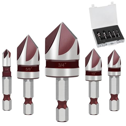 Countersink Drill Bit Set – M35 Countersink Bits, 82° Precision 5-Flute Design with 1/4 Hex Shank, Multi-Material-Countersink for Stainless Steel, Metal & Wood, Precision Countersink for Screws (5)