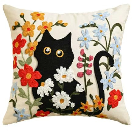 Artoid Mode Housse de coussin brodée de chaîne de printemps, motif fleurs et chat noir, 45 x 45 cm, décoration saisonnière pour canapé, salon