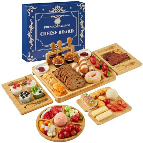 SunnyFurn Charcuterie Boards Gift Set, Large Bamboo Cheese Board with Magnetic Knife Holder & 2 Sauce Bowls, House Warming Gifts New Home, Wedding Gift for Couple, Meat & Cheese Platter for Party