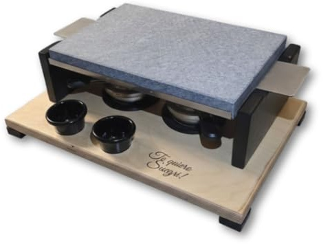 PIEDRASAR Piedra Volcánica Para Asar con Base de Madera, Gris, 20x30cm, Doble Quemador de Alcohol, 2 Salseros Negros, Estilo Moderno, Modelo CPS2020PP, Para Carne y Parrilladas