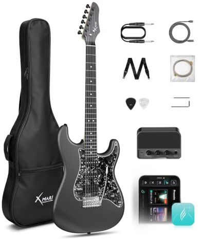 ENYA XMARI Smarte E-Gitarre set mit Verstärker, integrierten Effekten | Kohlefaser-Korpus, USB-C-Aufnahme, Kopfhörerausgang, 39-Zoll-Komplettset mit Gigbag, App-Steuerung – ideal für leises Üben.