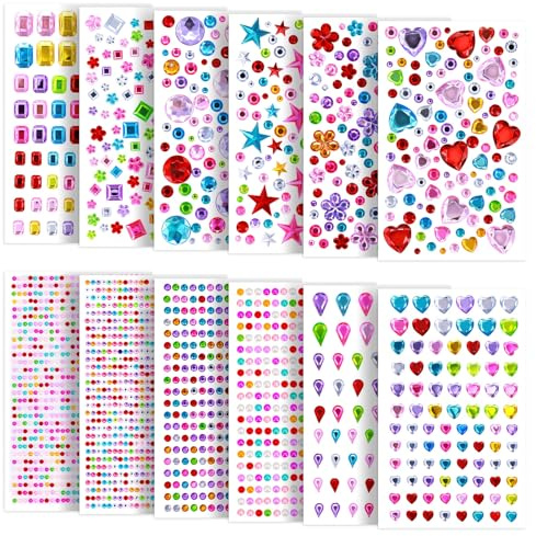3800 Stück Glitzersteine Selbstklebend, 12 Blätter Bunt Glitzersteine zum Basteln Strasssteine Selbstklebend Gesicht Glitzer Steine Aufkleben Glitzerstein Gesicht Silber für Kinder Handwerke Deko