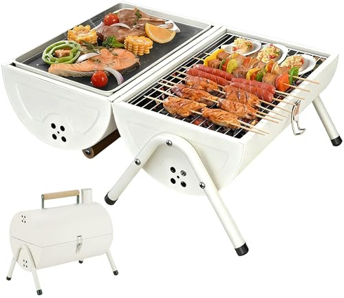 Doppelseitiger Holzkohlegrill Tragbarer, Doppelte Grillfläche für Outdoor Barbeque, Klappbar Camping Grill Doppelseitig Räuchergrill, für Outdoor Camping Picknick (Weiß)