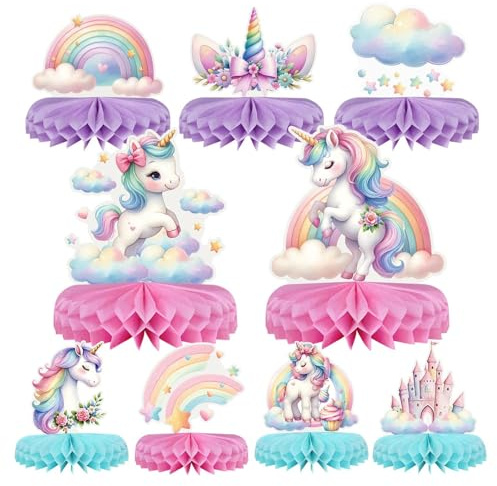 Bubaxuce 9 Stück Einhorn Geburtstagsdekorationen Tischdecken, Einhorn Tischdekorationen Pastell Regenbogen Honigwaben Tischmitten Party