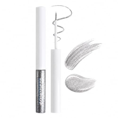 Glitzer Eyeliner Silber, Liquid Glitter Eyeliner, Flüssig Schimmer Augen Makeup Stift für Präzisen Strich, Wasserfest Wischfest, Glitzer Make up, Metallic Glitzerstifte für Party Festival Karneval
