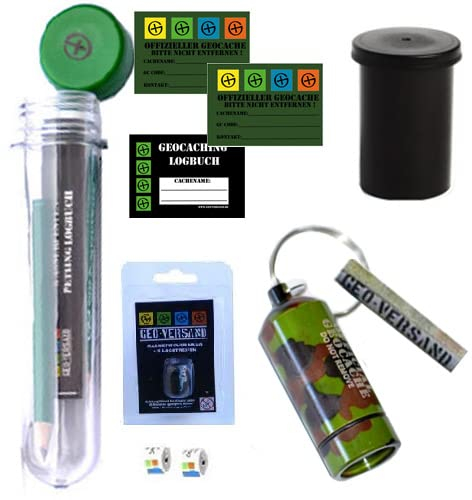 Geocaching Paket 13 Teile - 4 Verstecke Micro Nano Micno Filmdose Petling mit Logbuch und Logstreifen Starter Set