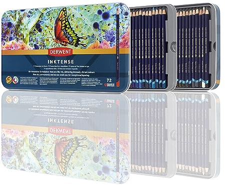Derwent Inktense Permanent wasserlösliche Aquarellstifte, 72er Set in 2-lagiger Metallbox, 4 mm Premium-Kernstärke, ideal zum Ausmalen, Malen und Basteln, professionelle Qualität (2301843)