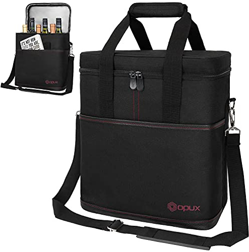 opux 6 Bottle Carrier Tote | Insulated Padded Wine Cooler Bag for Travel. Picnic, BYOB | Portable Leakproof Wine Tote Bag for Dinner, Party, Christmas, Wine Gift for Women, Men (Black)