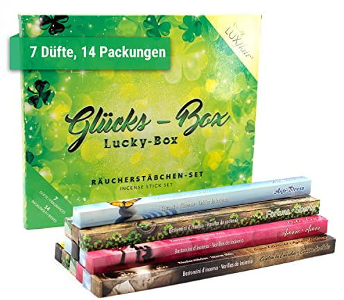 Lucky charm rökelset, paket med 7 olika sorters indiska rökpinnar, 14 förpackningar med 8 st, brinntid ca 30 minuter, intensiva och kryddiga dofter, provsmakningsset