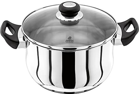 Judge Vista Stainless Steel Huge Stockpot with Twin Handles 24cm 5L, Shatterproof Vented Glass Lid, Induction Ready, Oven Safe, 25 Year Guarantee