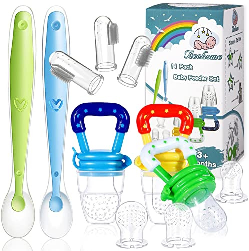 Acehome 11 Pack Baby Food Feeder Set, Baby Fruit Feeder Pacifier Fresh Food Feeder with 3 Silicone Pouches, Infant Fruit Teething Toy Includes 3 Baby Finger Toothbrushes and 2 Feeding Spoons