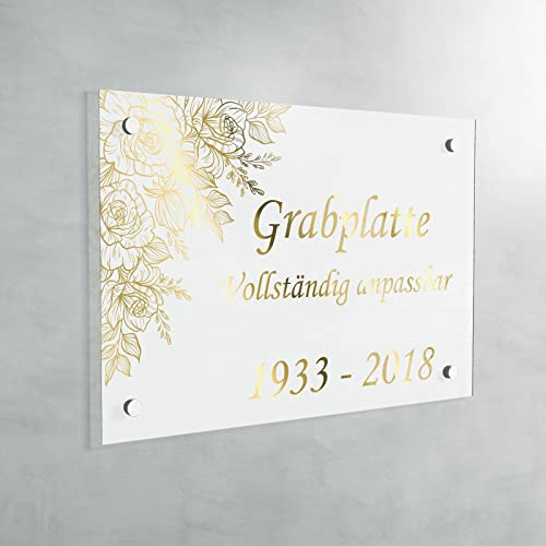 GRAVURE CONCEPT Personalisierte Gedenktafel aus Troglass – Grabplatte für Grabstein oder Urnengrab – Farbe, Motiv und Größe individuell wählbar (Hintergrund Weiß - 20 x 30 cm)