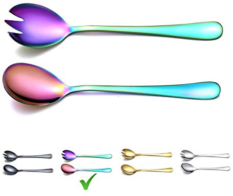 Berglander Set di posate per insalata arcobaleno in acciaio inossidabile con placcatura colorata in titanio, cucchiaio per insalata, forchetta per insalata, confezione da 2 (arcobaleno lucido)