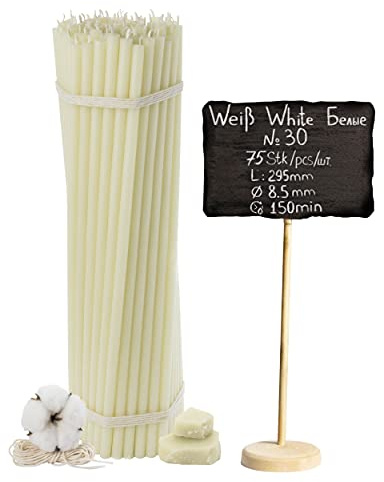 №30-75 Stk. Weiße Bienenwachskerzen-Kollektion: Traditionelle Stab- und Haushaltskerzen, Ritualkerzen sowie farbige Wachskerzen ein Set für Rituale L-29,5 cm Ø-8,5 mm, 150 Min Brenndauer