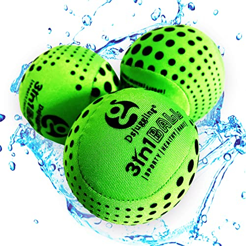 DSJUGGLING 3in1 Ball - 60mm Washable Juggling Ball for Beginners Set of 3 | Water Skimming Balls Bounce On Water | Soft Bouncy Grip Training Ball Kit (Green Dot)