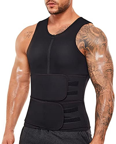 Wonderience Traje de sauna para hombre, chaleco de neopreno para entrenamiento de cintura con cinturón ajustable, Negro -, Medium
