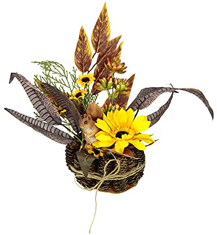 Flair Flower Gesteck aus künstlichen Sonnenblumen und Blättern mit Eichhörnchen im Zapfen-Topf Blumen Herbstgesteck Künstlich Thanksgiving Herbst Herbstdeko Dekofigur, 090233GN, 28x30x15 cm, Gelb