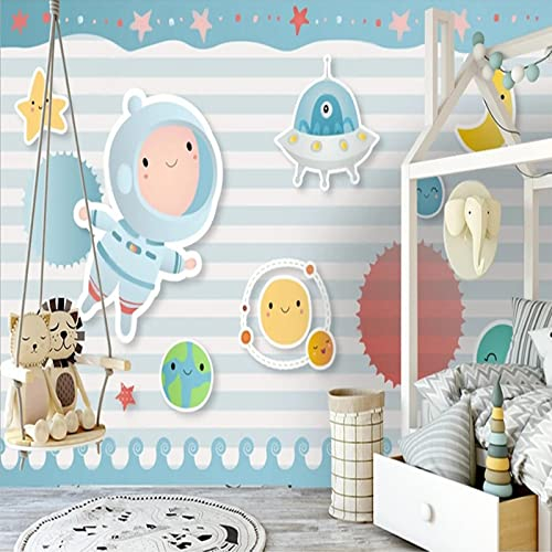 HDHGKYY 3D Wohnzimmer wandbild Cartoon Universum Weltraum Planet Astronaut Blaue und weiße Streifen kindertapete Junge Schlafzimmer Dekoration wandaufkleber