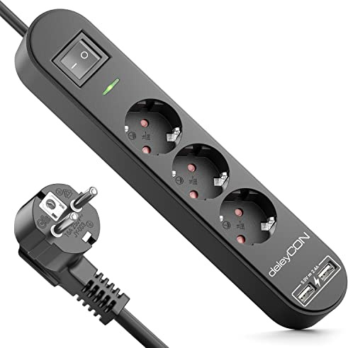 deleyCON 3,0m Multiprise 3 Compartiments avec USB 3X Prises de Contact de Protection 2X Prise de Chargement USB-A par ex. Téléphone Portable et Tablette Protection de Survoltage Bouton on/Off Noir