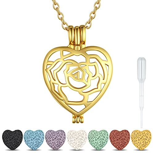 Bestyle Kette Damen Gold Herzkette Aromatherapie Anhänger Ätherische Öle Diffusor Halskette Hollow Hohl Floating Medaillon Locket Schmuck mit 7 Duftsteinen