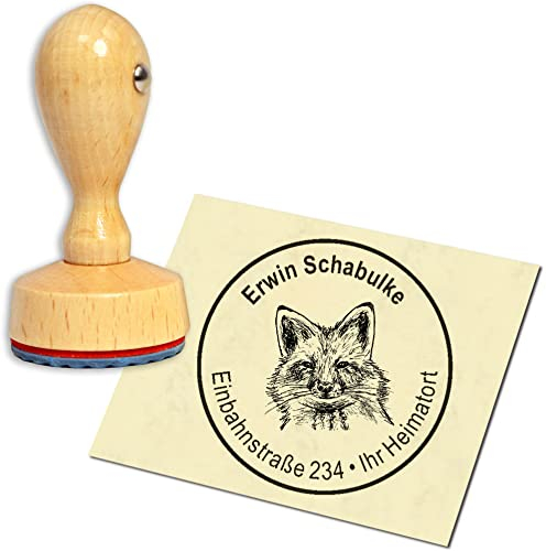 Stempel Adressstempel Holzstempel - Fuchs Kopf - rund ∅ 40mm personalisiert als Firmenstempel Namensstempel Bürostempel