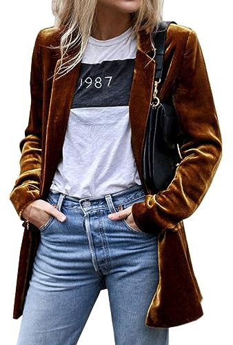 futurino Women's Solid Color Long Sleeve Velvet Jacket Open Front Casual Suit Cardigan mid-Length Coat with Pockets Outerwear