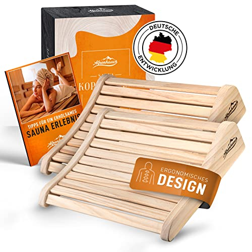 ALPENHAUCH Sauna Kopfstütze Holz [2 Stück] - Ergonomische Saunakopfstütze Holz - Edles Sauna Zubehör Infrarotkabine - Komfortable & breite Kopfstütze Sauna Holz für Sauna inkl. Sauna Büchlein