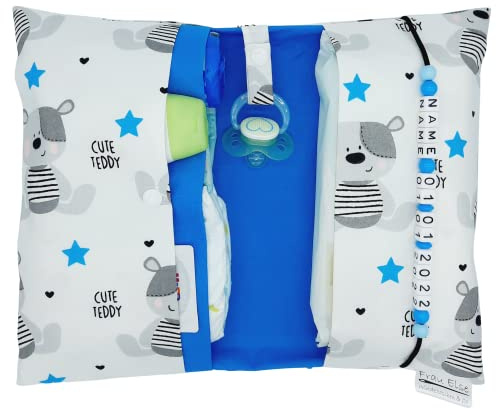 Frau Else Große Windeltasche XXL mit Name Wickeltasche Teddybär weiß türkis-blau