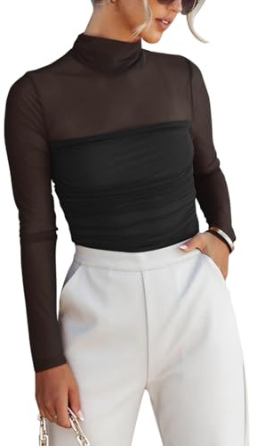 REORIA Women’s Fall Sexy Mock Turtle Neck Long Sleeve Sheer Mesh Slim Fit Ruched Trendy Going Out Leotard Bodysuits Tops Black Medium