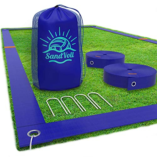 SandVoll strandvolleybolllinjer för gräs – 5 cm (26,3 tum x 52,6 tum) + metallinsatser och nätväska – bärbara gränslinjer set för utomhus – blå