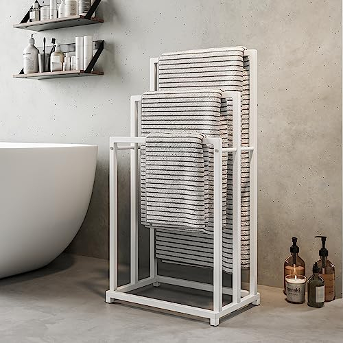 FOUBAM Towel Holder, Freestanding with 3 Rails, White, Metal, Bathroom Towel Rack
