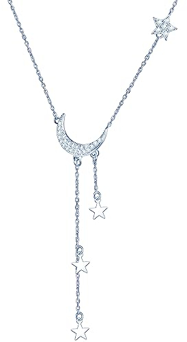 Yumilok Kette Damen Halskette Collier 925 Sterling Silber Sternen Mond Quasten Zirkonia mit Anhänger für Frauen Geburtstags Muttertag