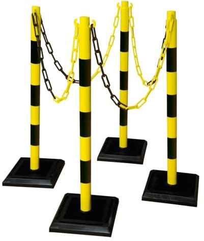 Steinbock Kettenständer 4 Stück | HxBxT 90x28x 28mm | 12,5m Kettenlänge | Schwarz/Gelb | betongefüllte Fußplatte | Absperren von Innen- und Außenbereichen | standsicherer Ketten-Warnständer