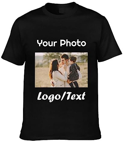 Personalised T-Shirts for Men Adults Customised Short Sleeve Tee Shirts with Photo/Logo, Add Your Own Message/Text/Name, Black, XS