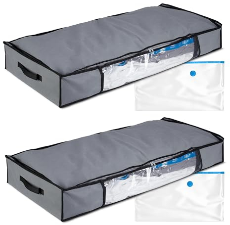 Relaxdays Contenitori Sottoletto con Sacchi Sottovuoto, Set da 2, Borse Organizer per l'Armadio con Vacuum Bags, Grigio