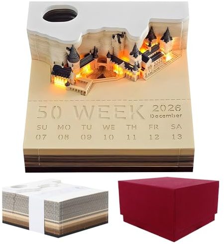 Fivtsme Blocco Note 3D, Blocco Note Calendario da Tavolo 2025, Calendario da Tavolo a Strappo, Calendario a Strappo 3D con Luce e Portapenne, Calendario Settimanale Castello Magico 3D, Regalo Creativo